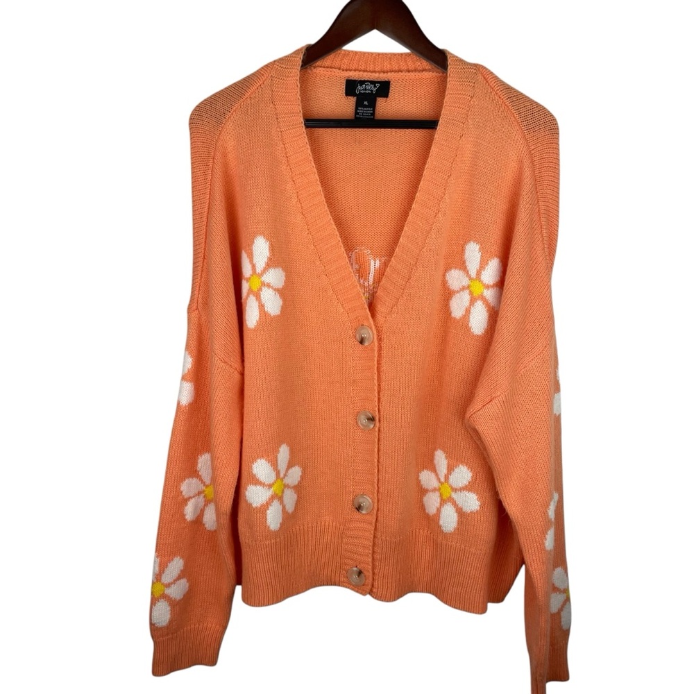 Just Polly | Peach Orange Flower Slouchy Knit Button Cardigan Sweater